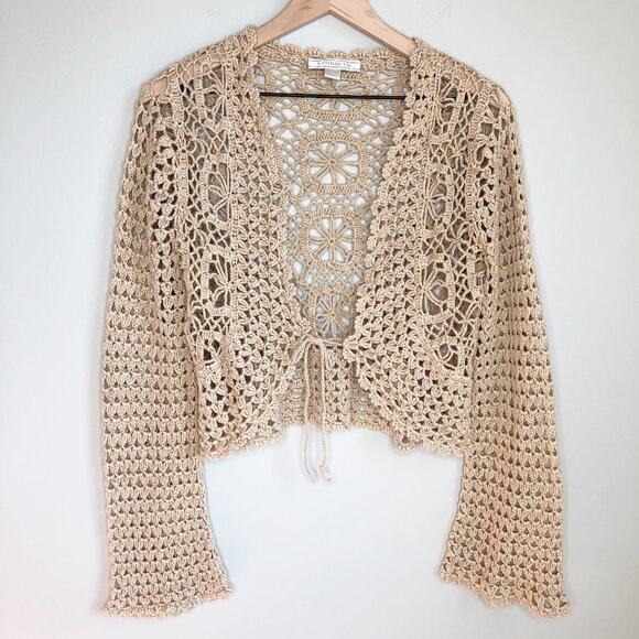 Vintage Tops - Vintage Crochet Flare Bell Sleeve Granny Square Tie Hand Knit Cardigan Shawl Top